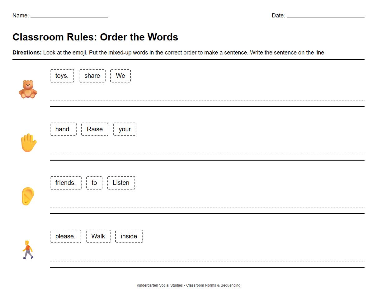 Word Order Sequencing Worksheet with Classroom Norms