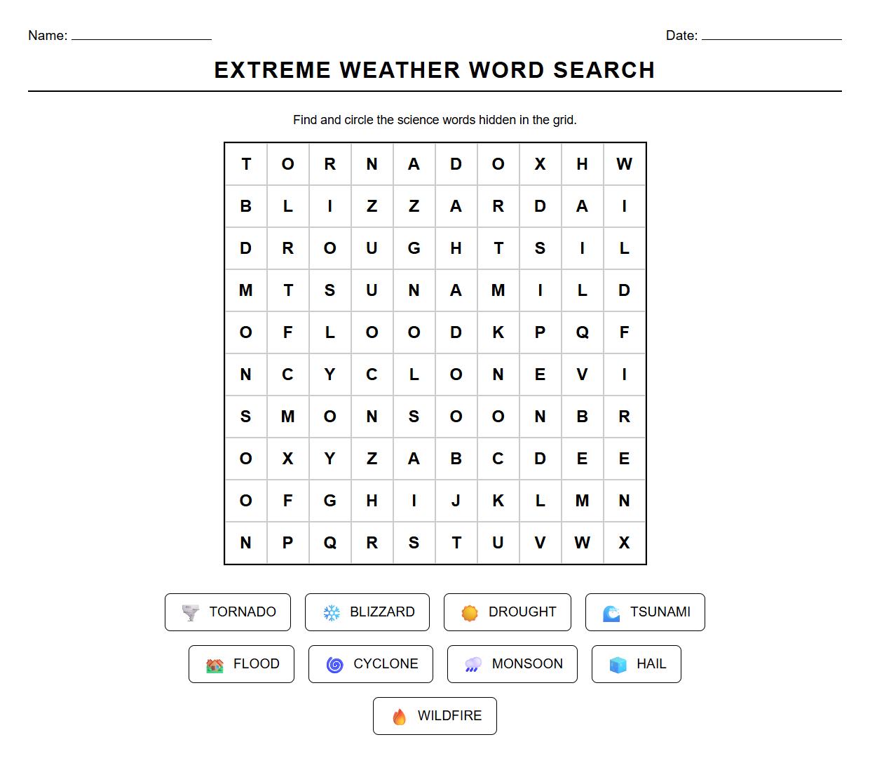Word Search Worksheet with Extreme Weather Technical Terms