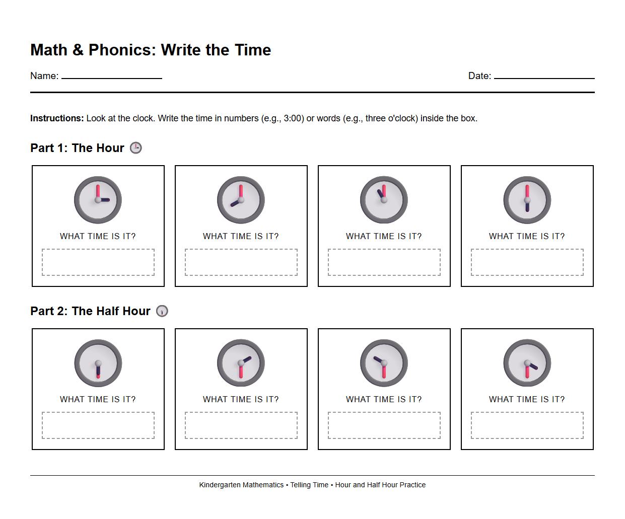 Write the Time Phonics Practice Sheet Hour and Half Hour