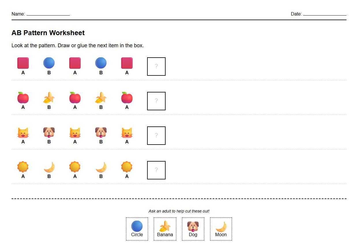 AB Pattern Phonics Worksheet with Colors and Shapes