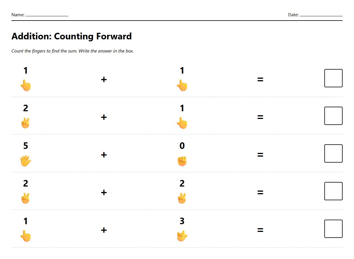 Addition with Counting Forward Using Fingers Worksheet