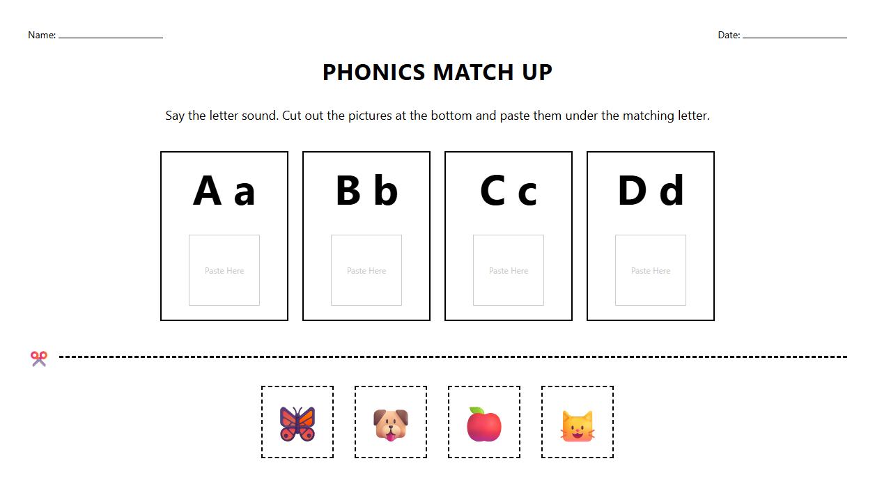 Alphabet Phonics Matching Cut and Paste Worksheet