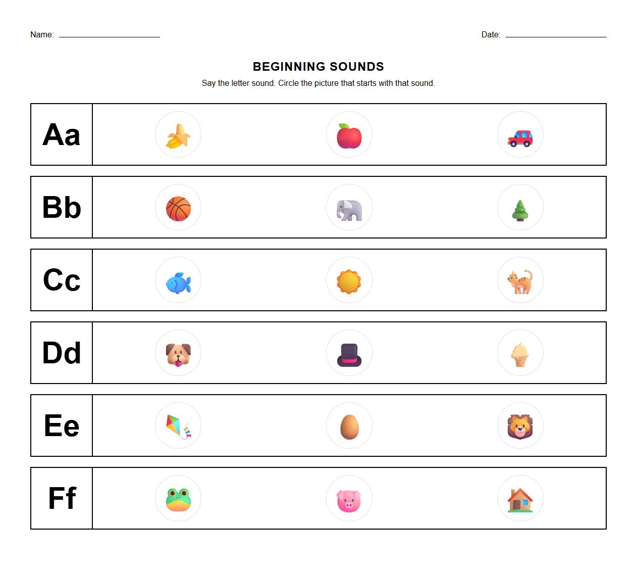 Alphabet Sound Identification Worksheet for Kindergarten Phonics