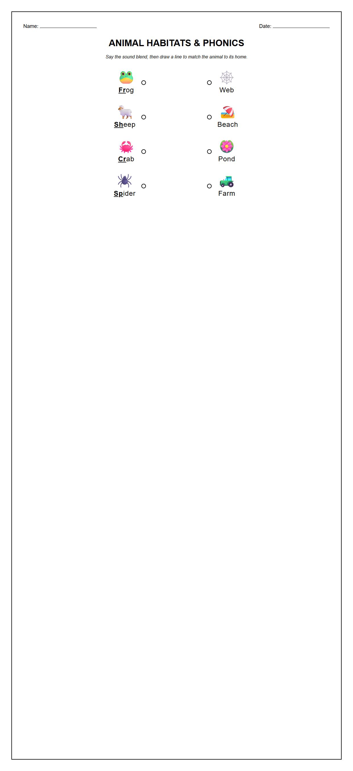 Animal Habitats Matching Worksheet with Phonics Sound Blends