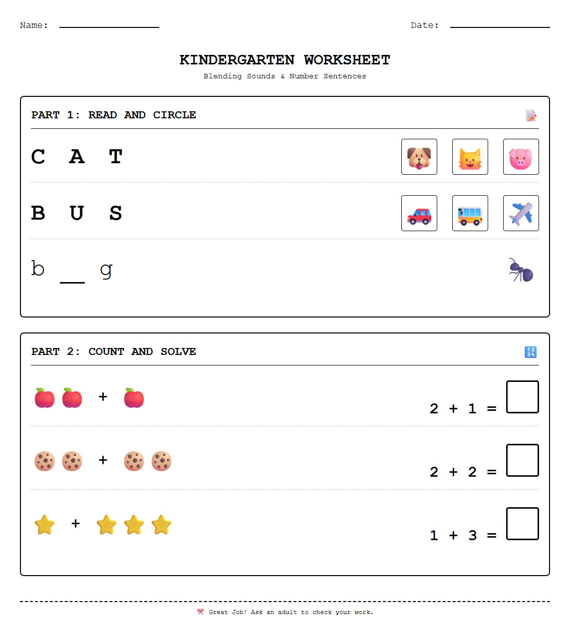 Blending Phonics and Number Sentence Worksheet