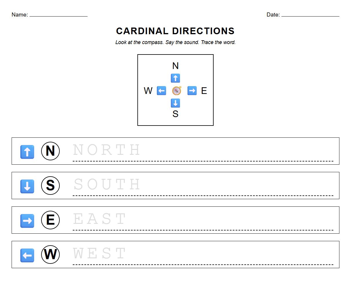 Cardinal Directions Word Recognition Phonics Worksheet