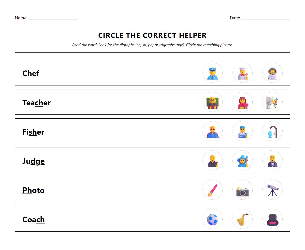 Circle the Correct Helper Worksheet Focused on Digraphs and Trigraphs