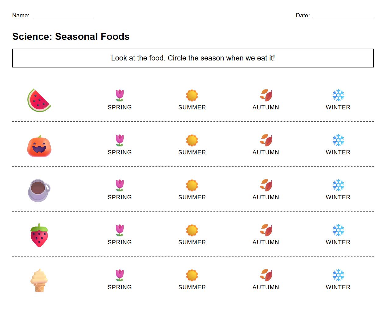 Circle the Correct Season Worksheet Incorporating Seasonal Food Recognition