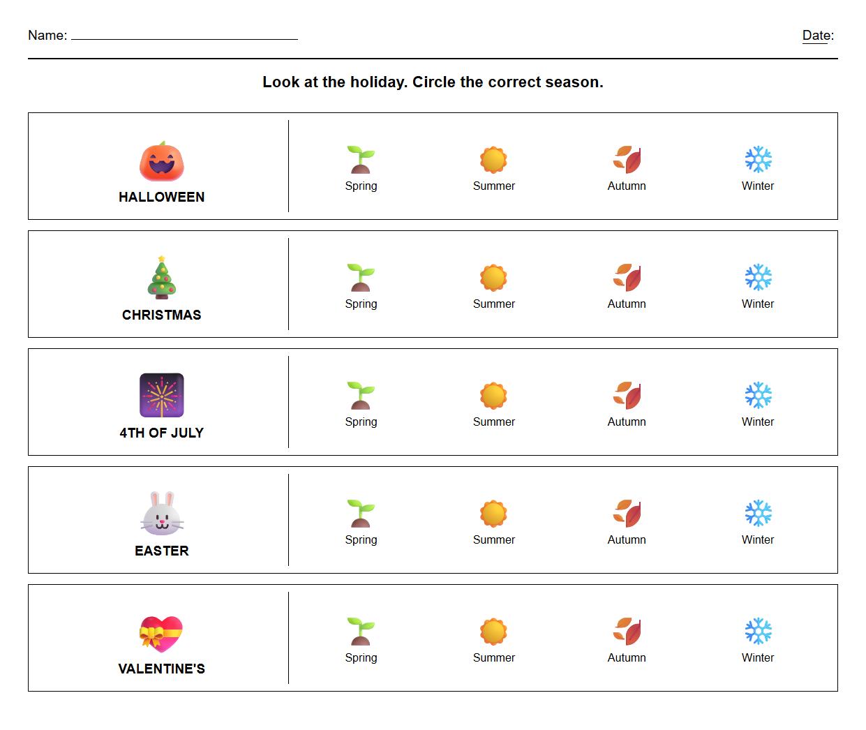 Circle the Correct Season Worksheet Using Holiday and Cultural Event Cues