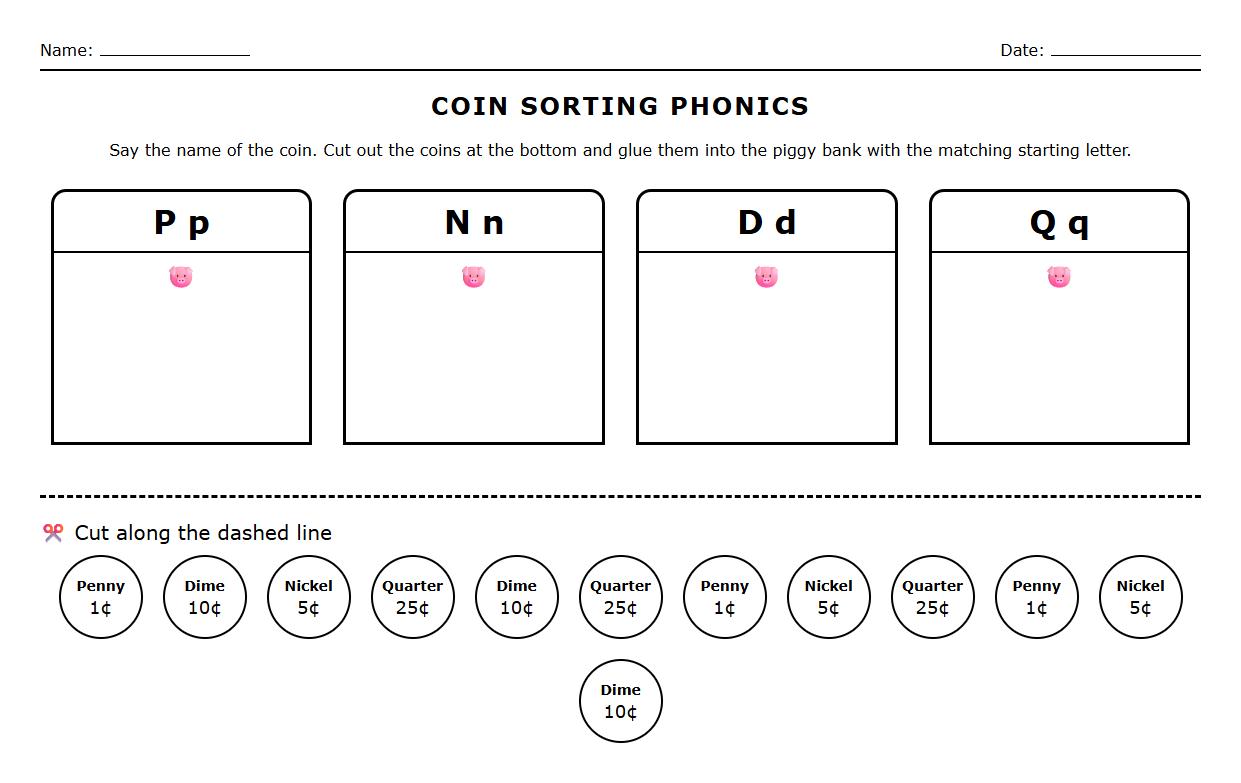 Coin Sorting Phonics Worksheet
