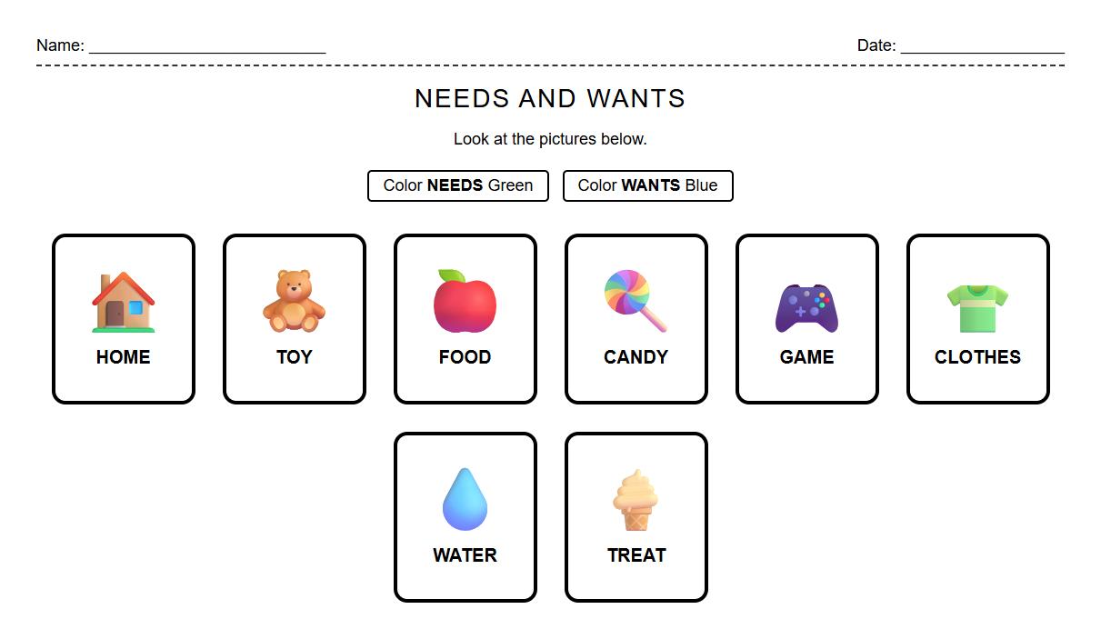 Color by Category Needs and Wants Worksheet for Social Studies
