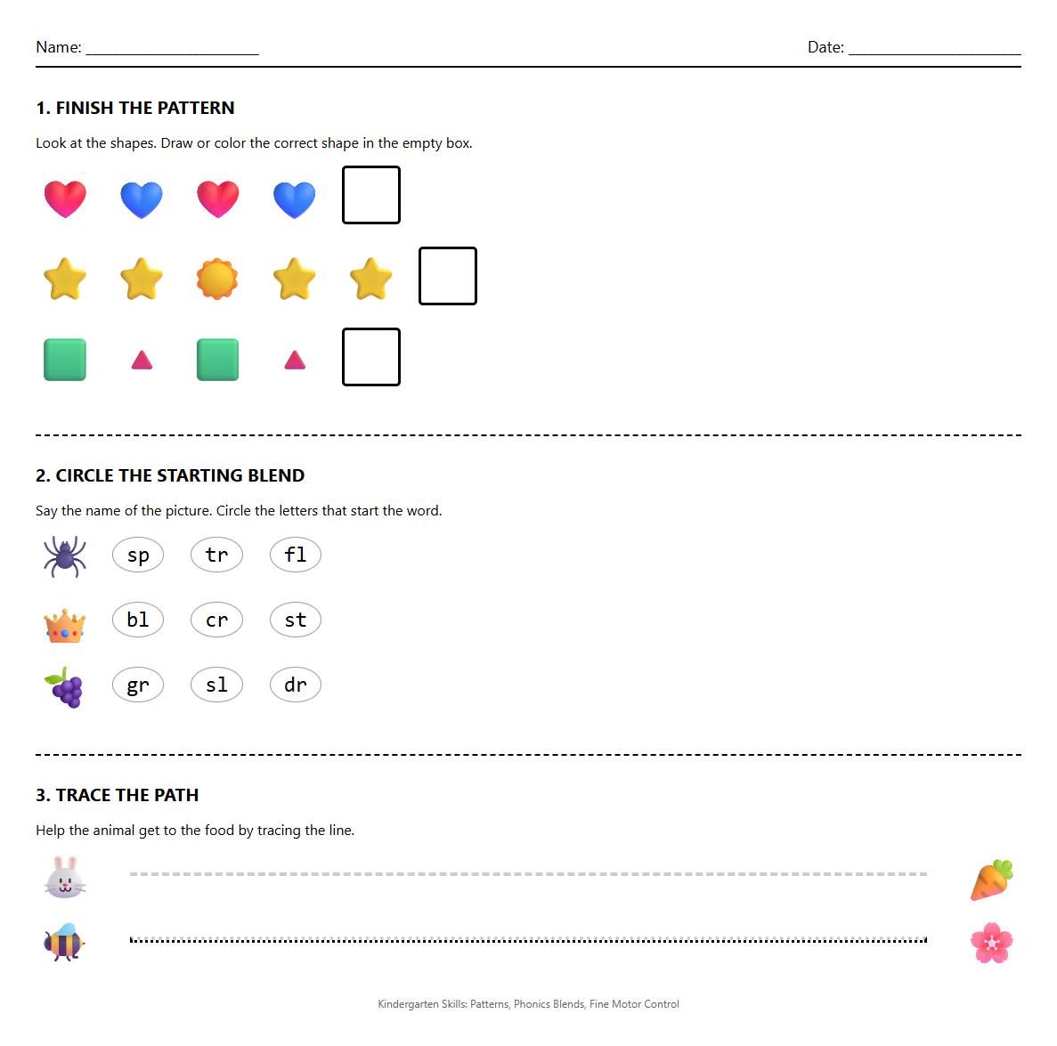 Color Patterns Sequence with Phonics Blends Worksheet