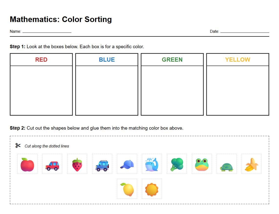 Color Sorting Worksheet with Manipulatives