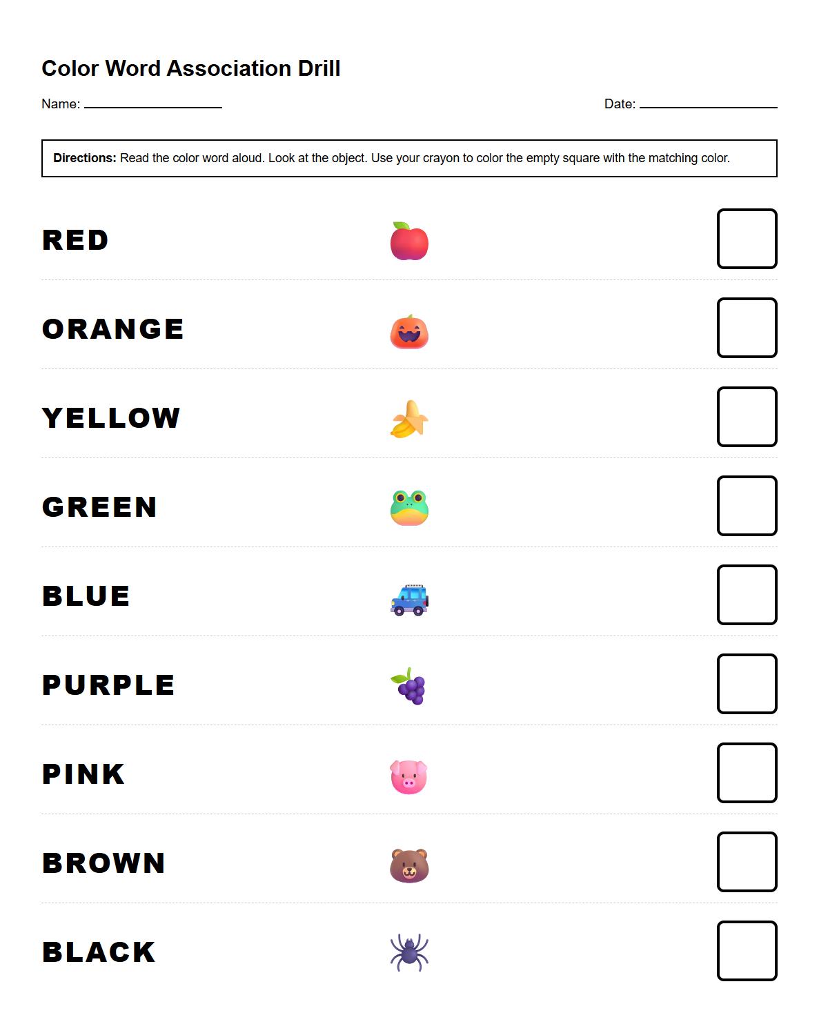 Color Word Semantic Association Drill Sheet