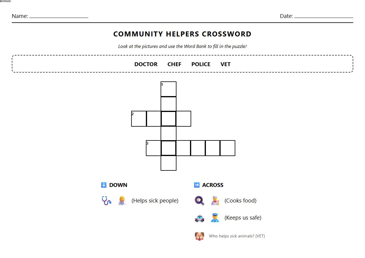 Community Helpers Crossword Puzzle for Vocabulary