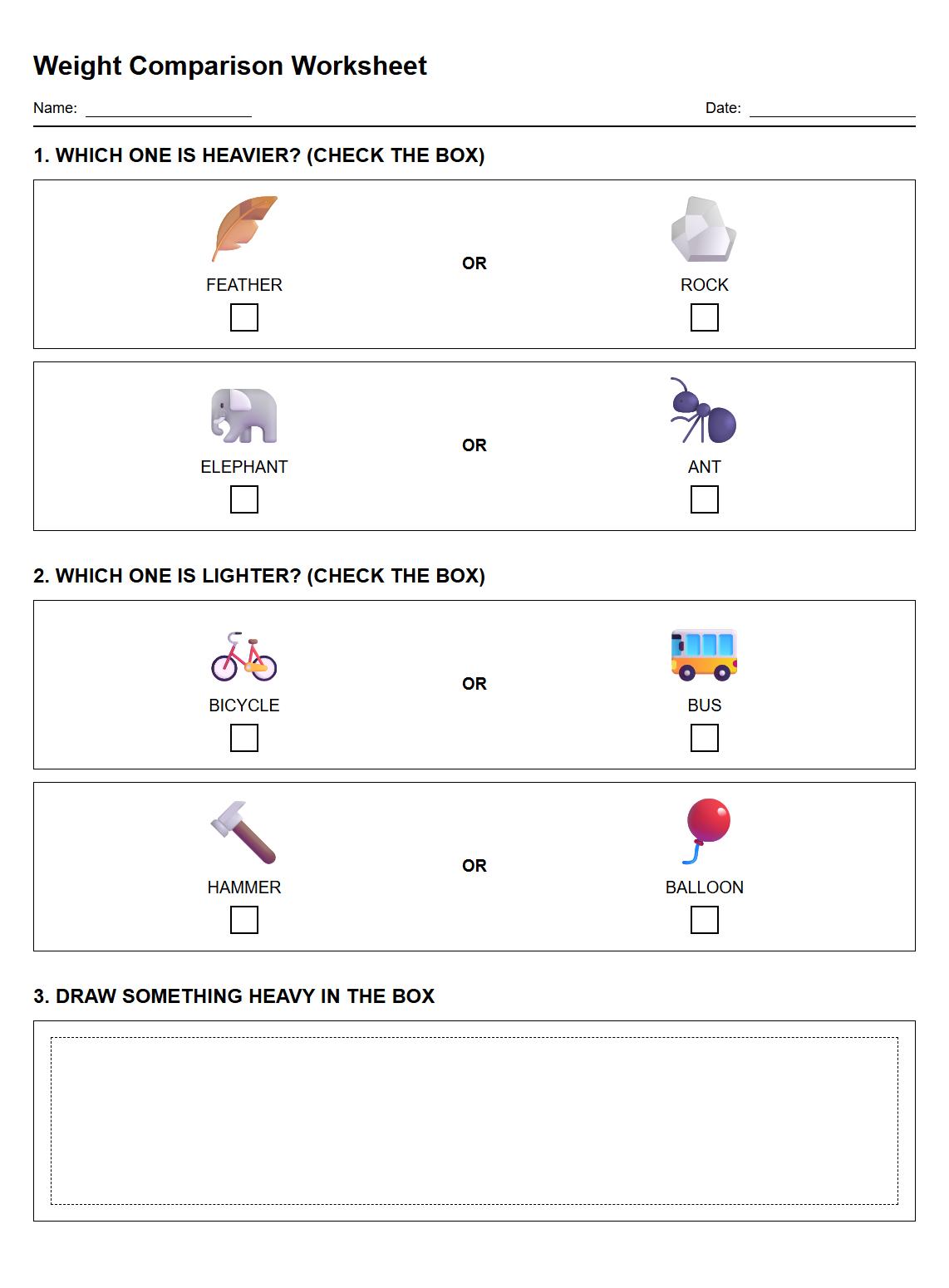 Comparative Weight Activity Sheet with Everyday Items