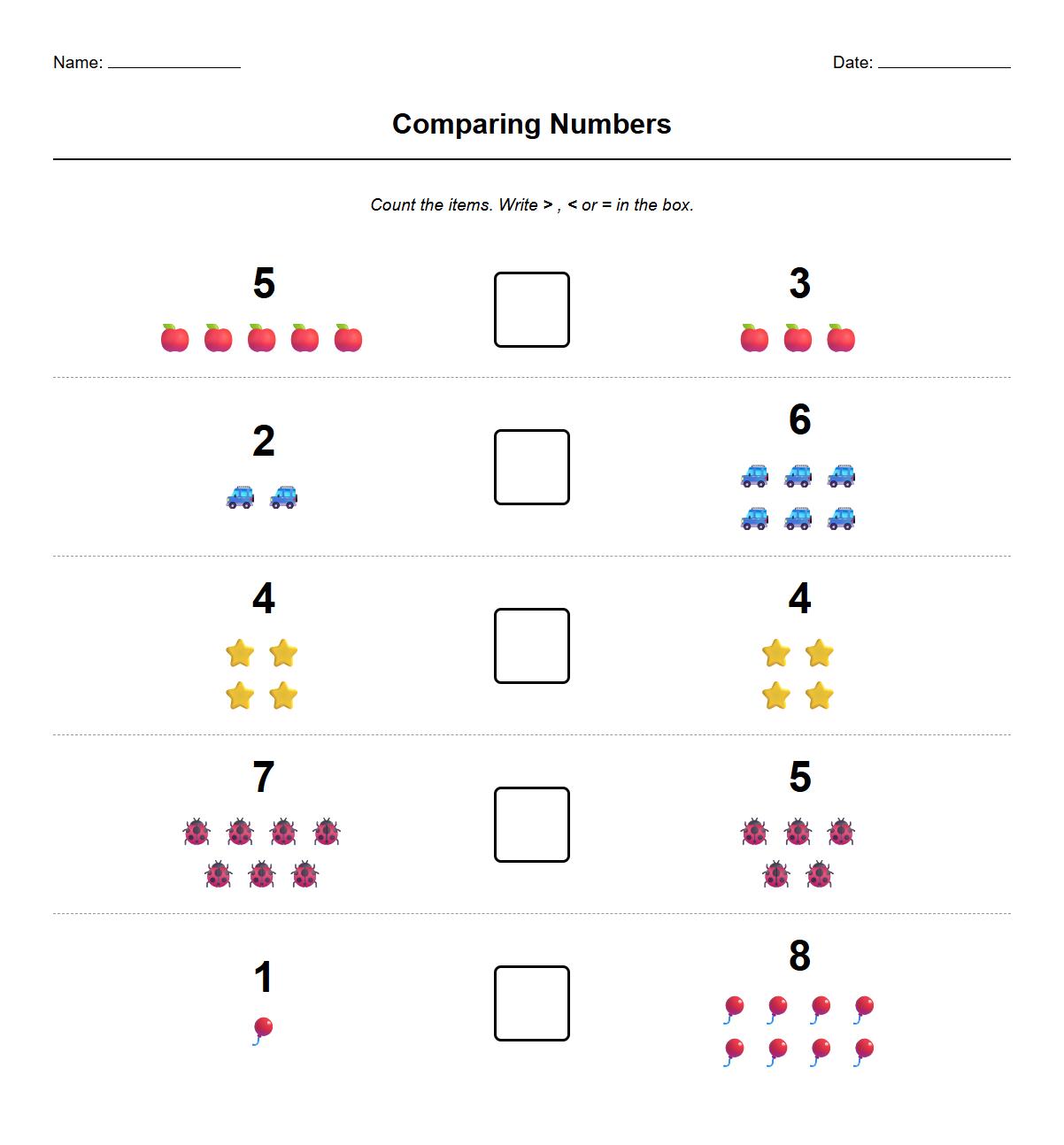 Comparing Numbers Activity sheet using Greater Than and Less Than Symbols
