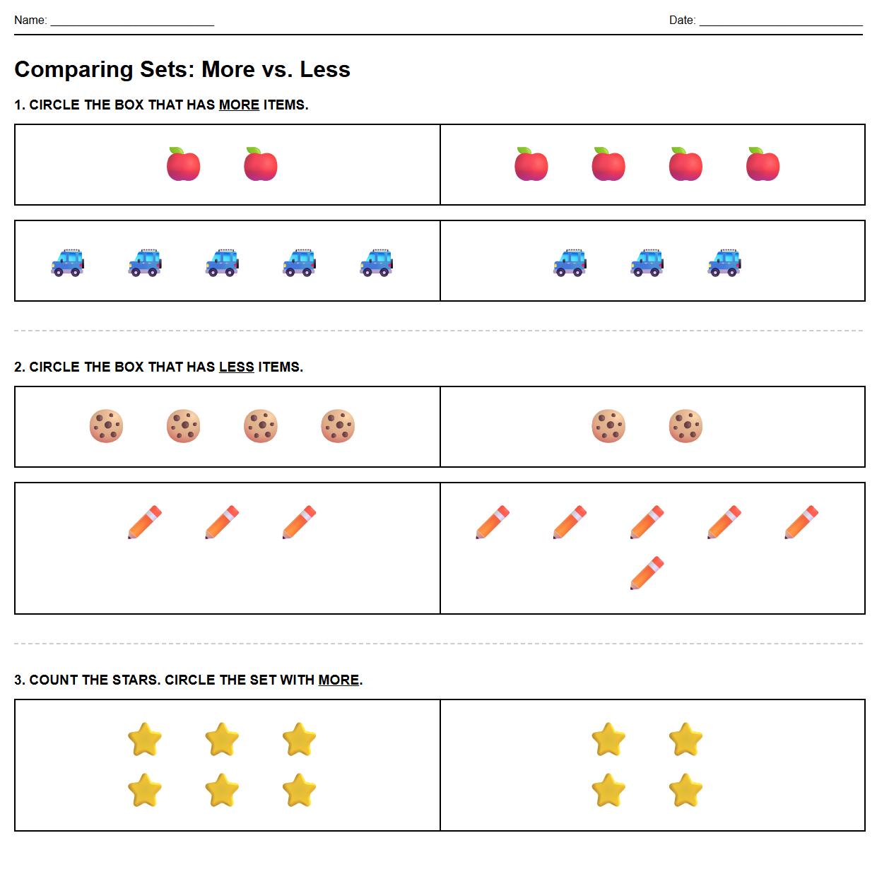 Comparing Sets Worksheet with More Versus Less using everyday objects