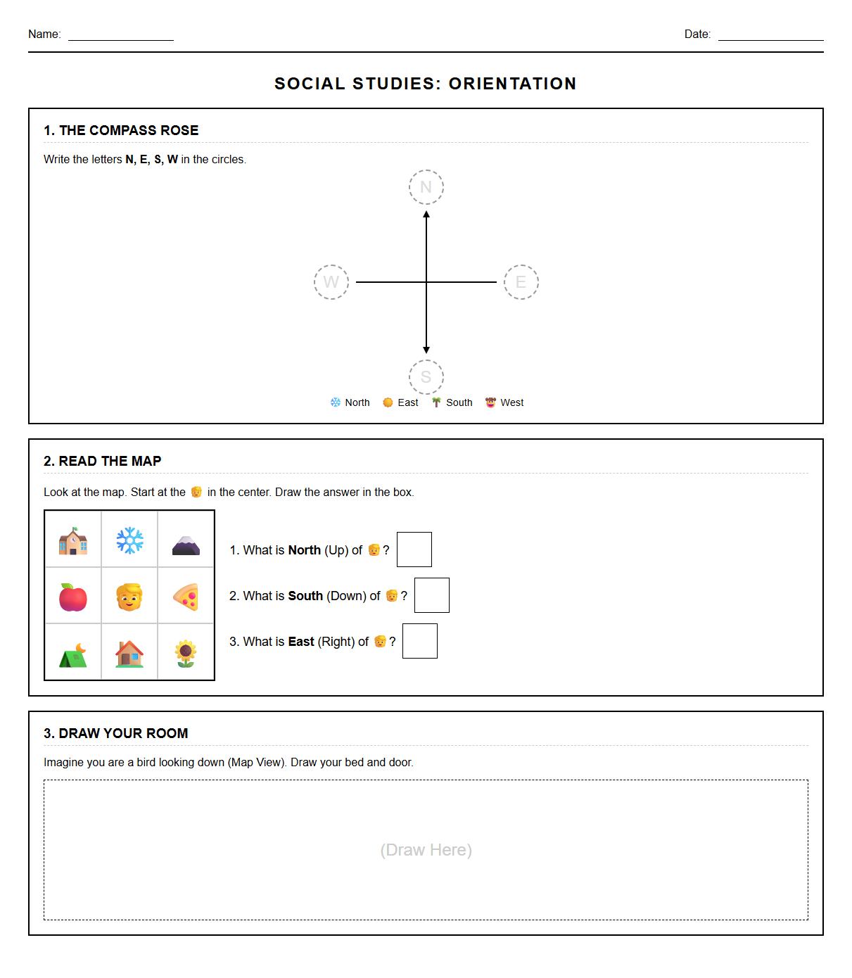 Compass Rose Drawing and Orientation Visualization Worksheet
