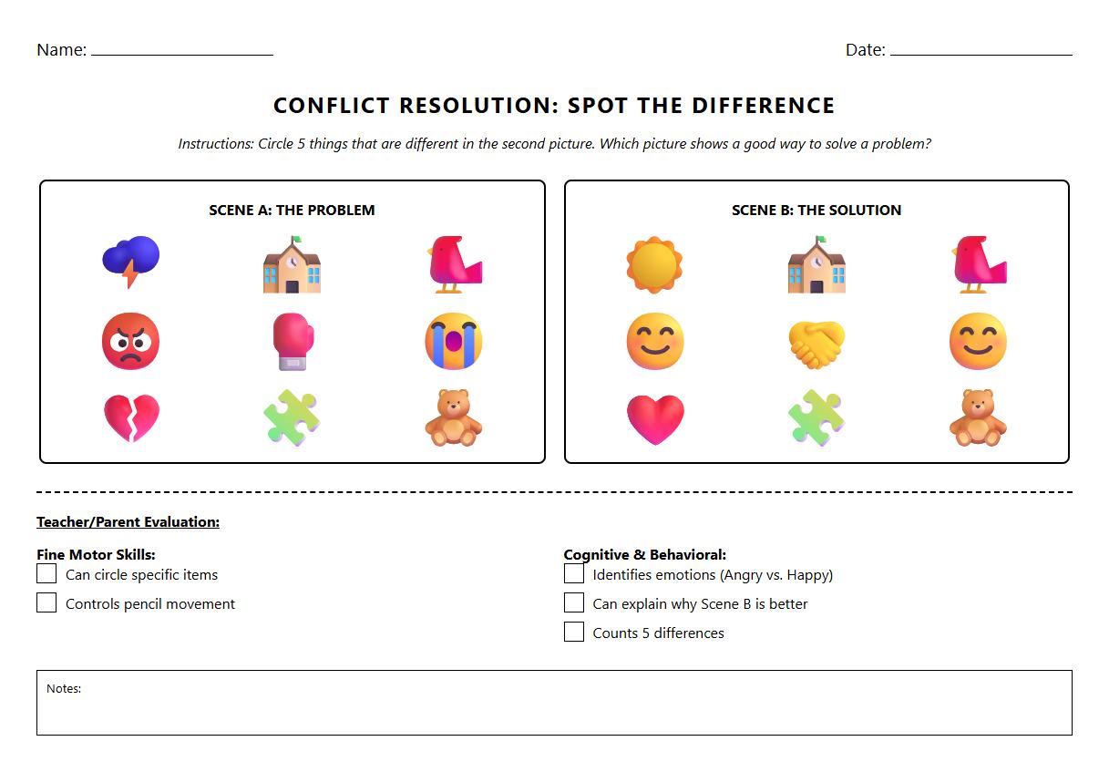 Conflict Resolution Spot the Difference Worksheet for Behavioral Response Evaluation