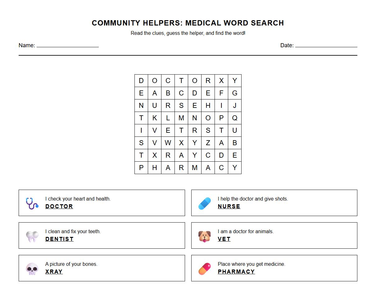 Context Clues Word Search Incorporating Medical Professions