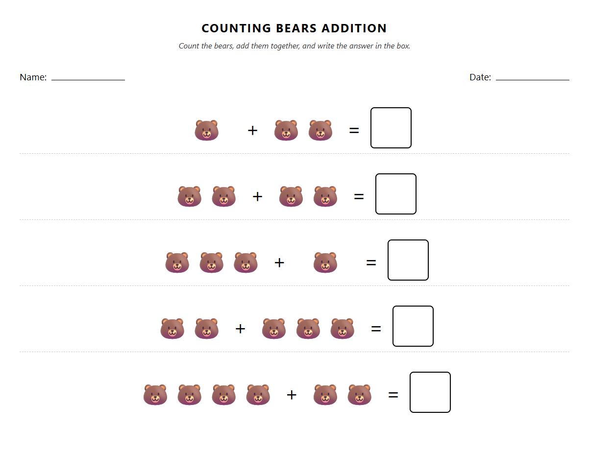 Counting Bears Addition Equation Worksheet