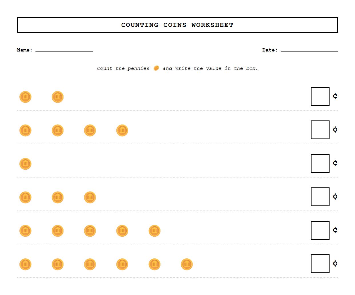 Counting Coins Worksheet using visual coin sets