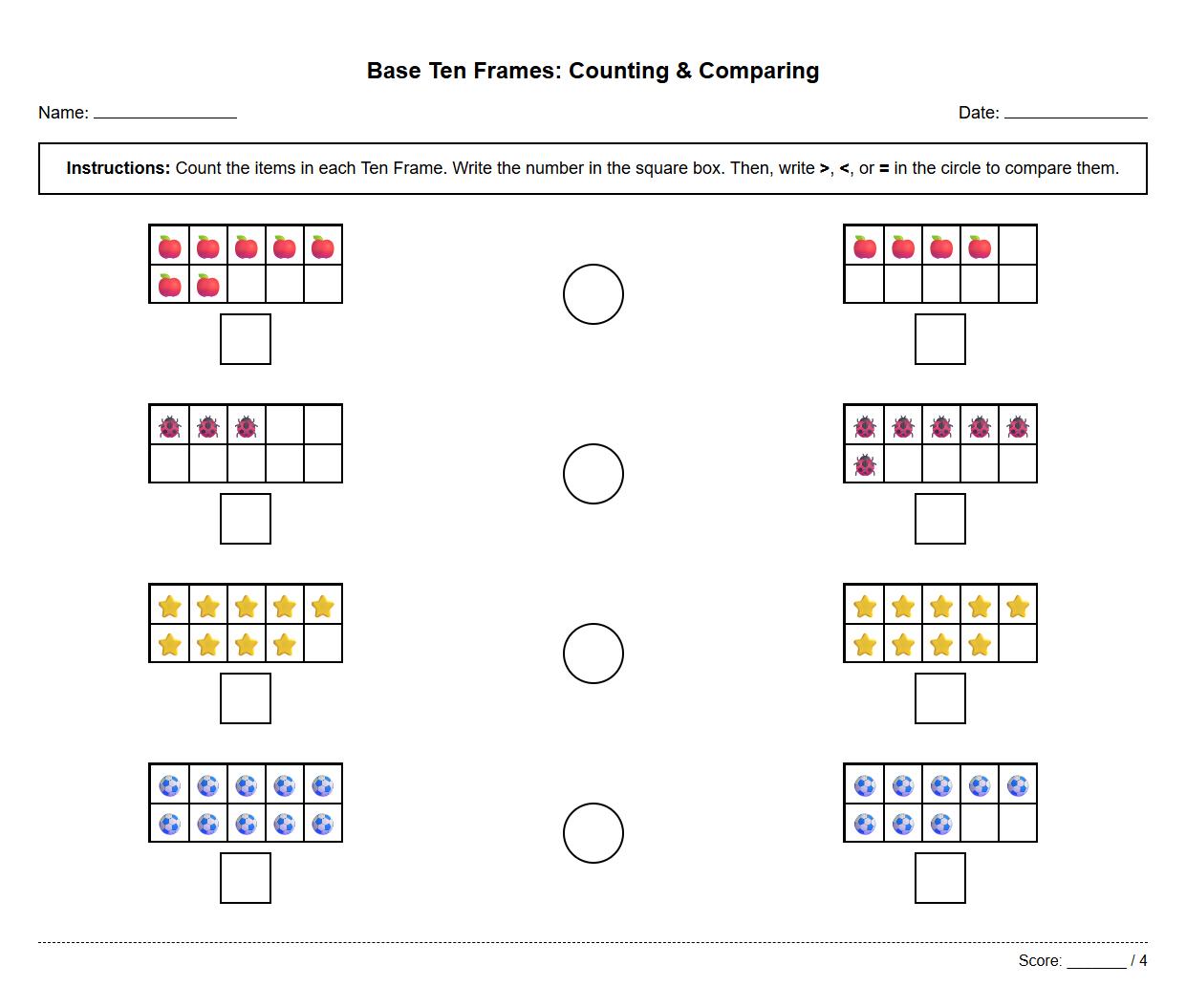 Counting and Comparison Using Base Ten Frames Worksheet