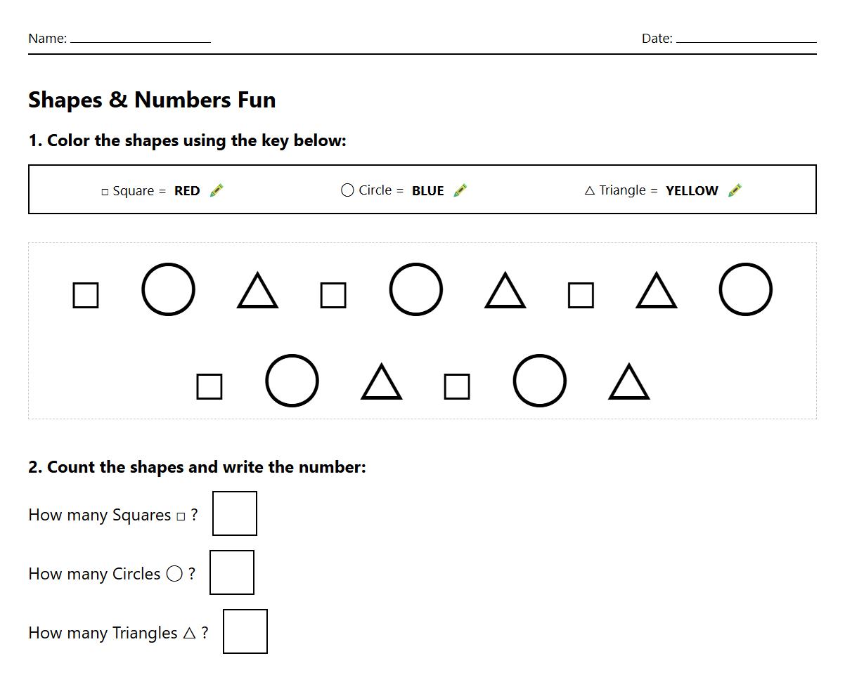 Counting and Shapes Numbered Coloring Worksheet