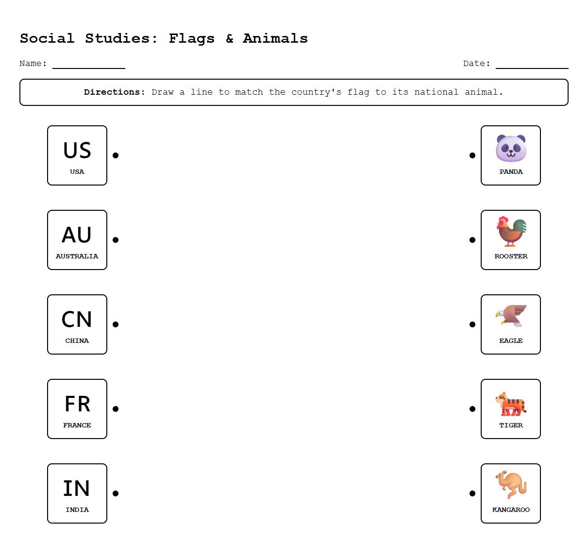 Country Flag and National Animal Sorting Worksheet for Kindergarten