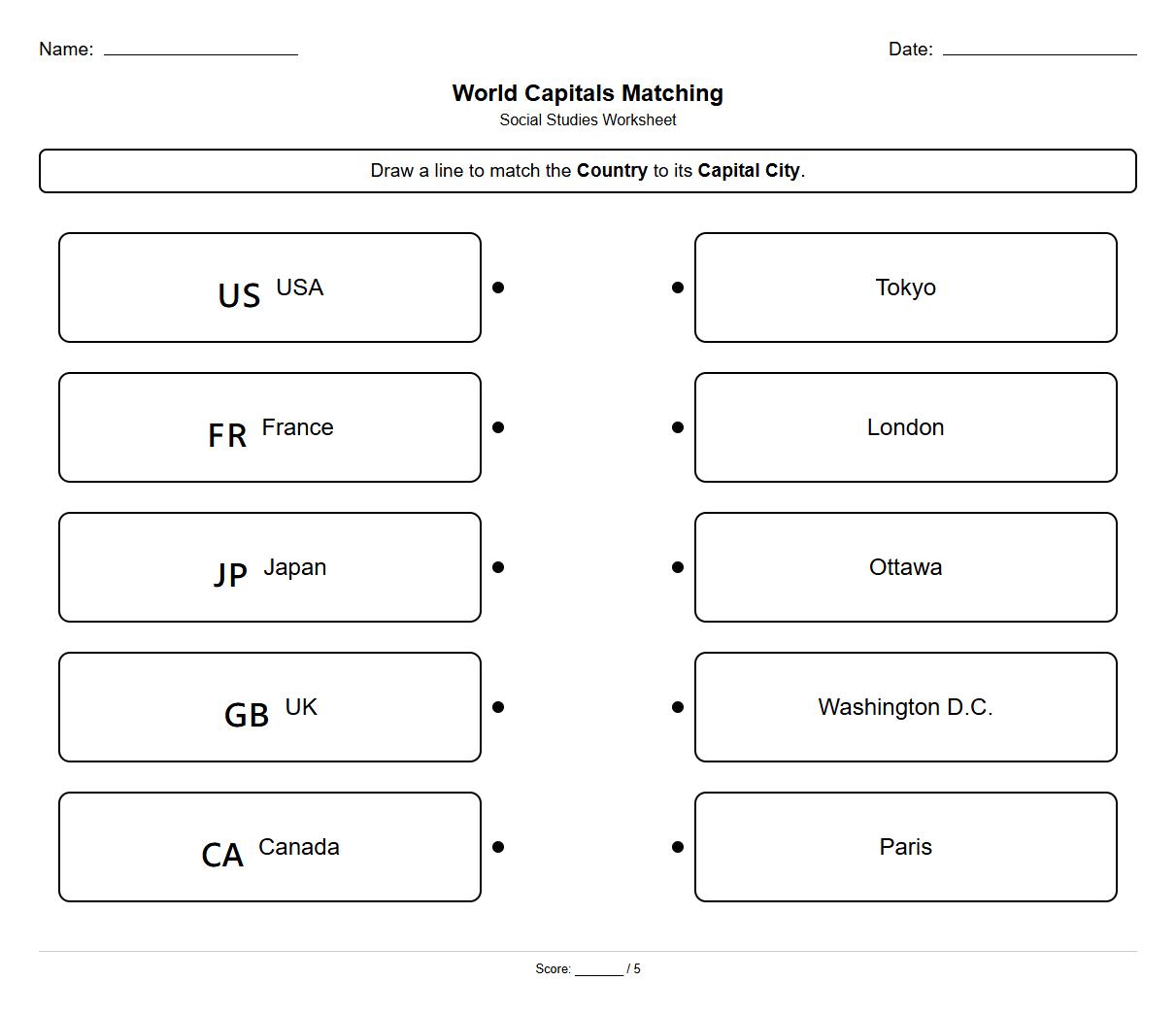 Country Map and Capital City Matching Worksheet