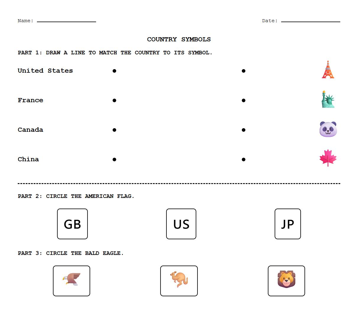 Country Symbols Matching and Identification Worksheet