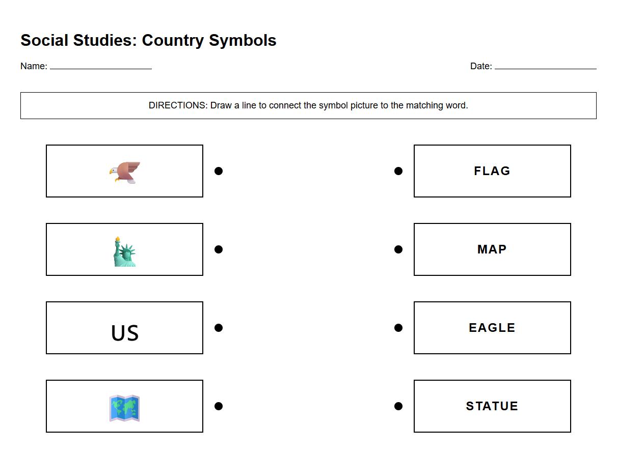 Country Symbols Picture to Word Association Worksheet