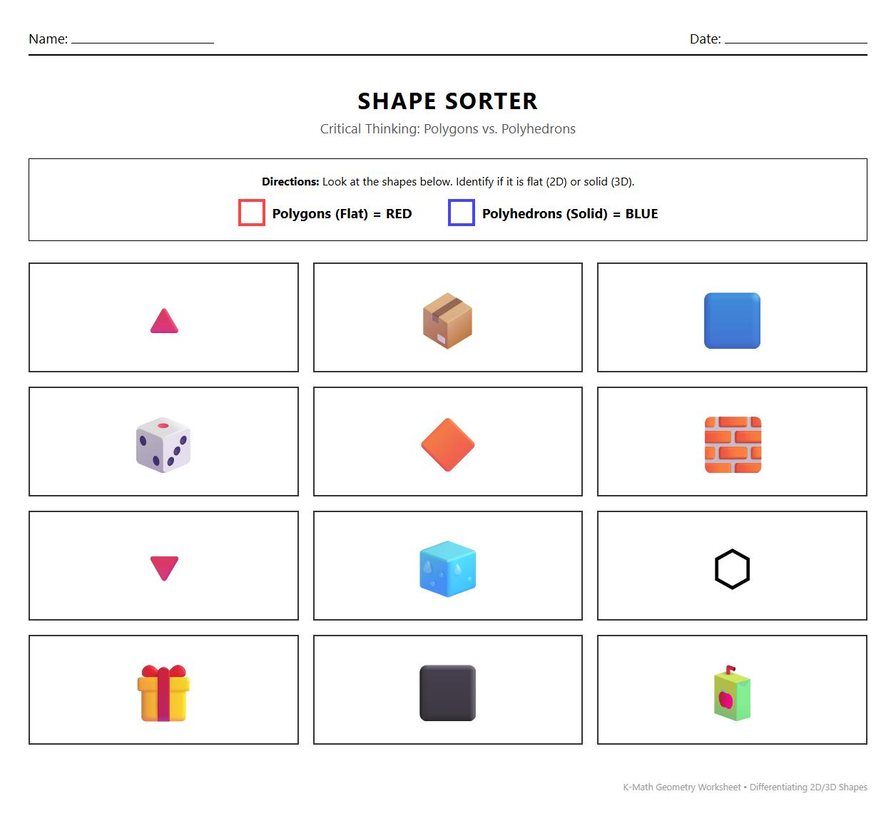 Critical Thinking Color by Shape for Differentiating Polygons and Polyhedrons