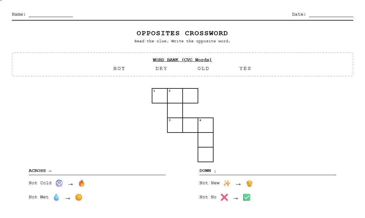 Crossword Antonyms Worksheet Integrating Phonics Practice