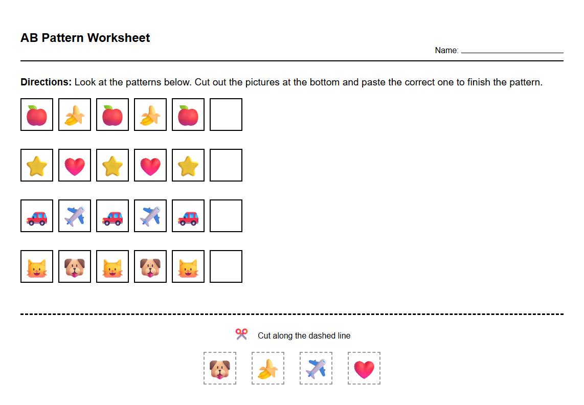 Cut and Paste AB Pattern Strips Worksheet for Early Learners