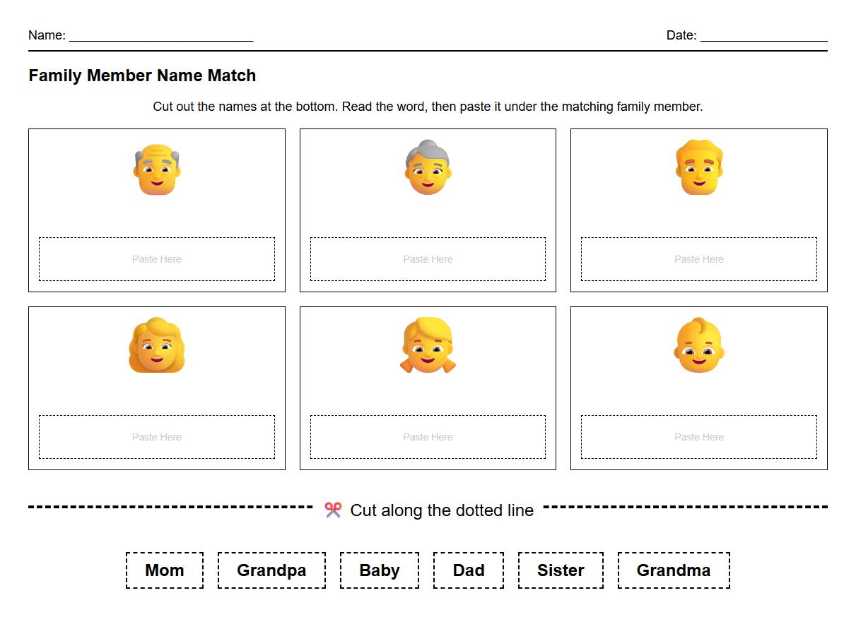 Cut and Paste Family Member Phonics Name Match Activity