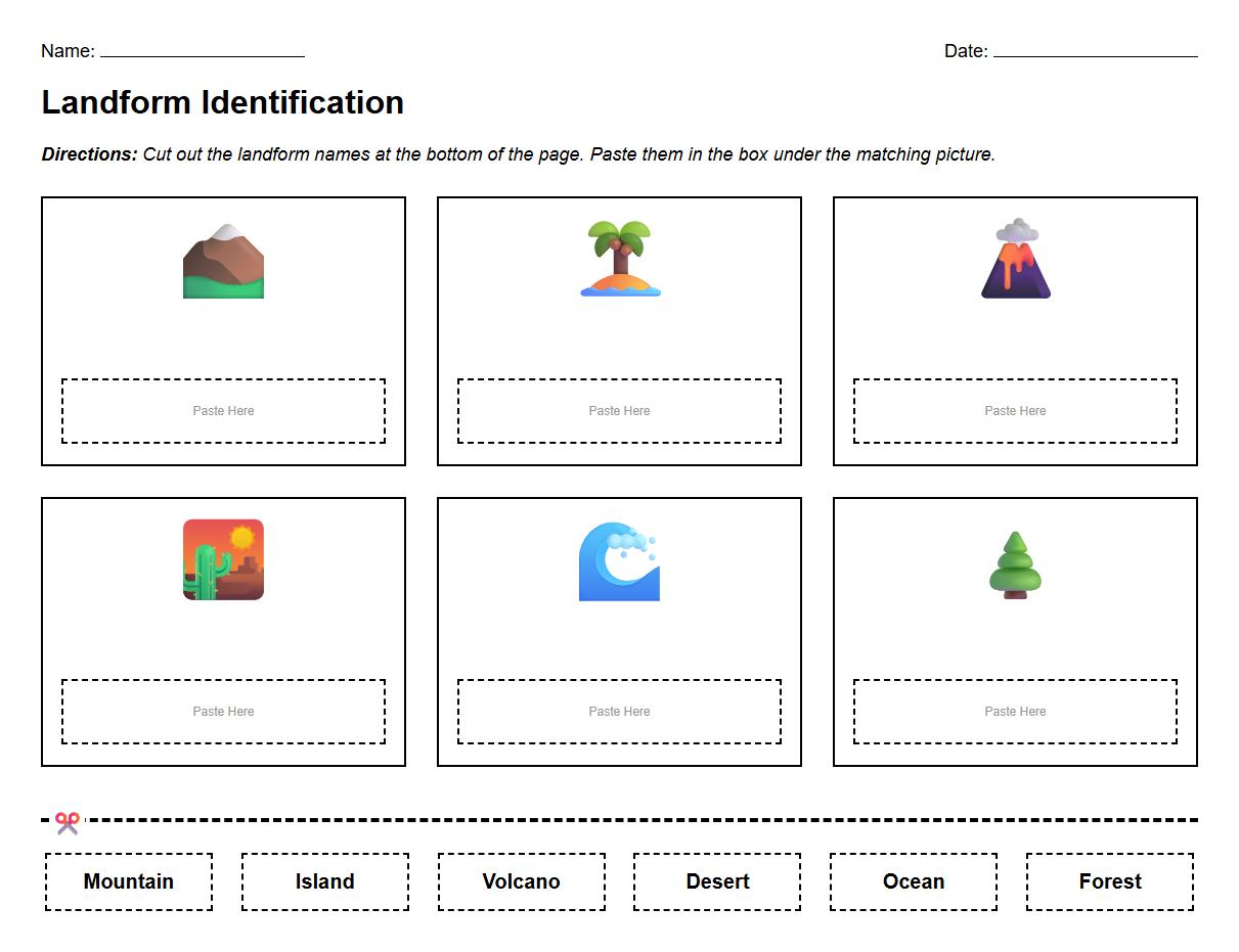 Cut and Paste Landform Identification Worksheet