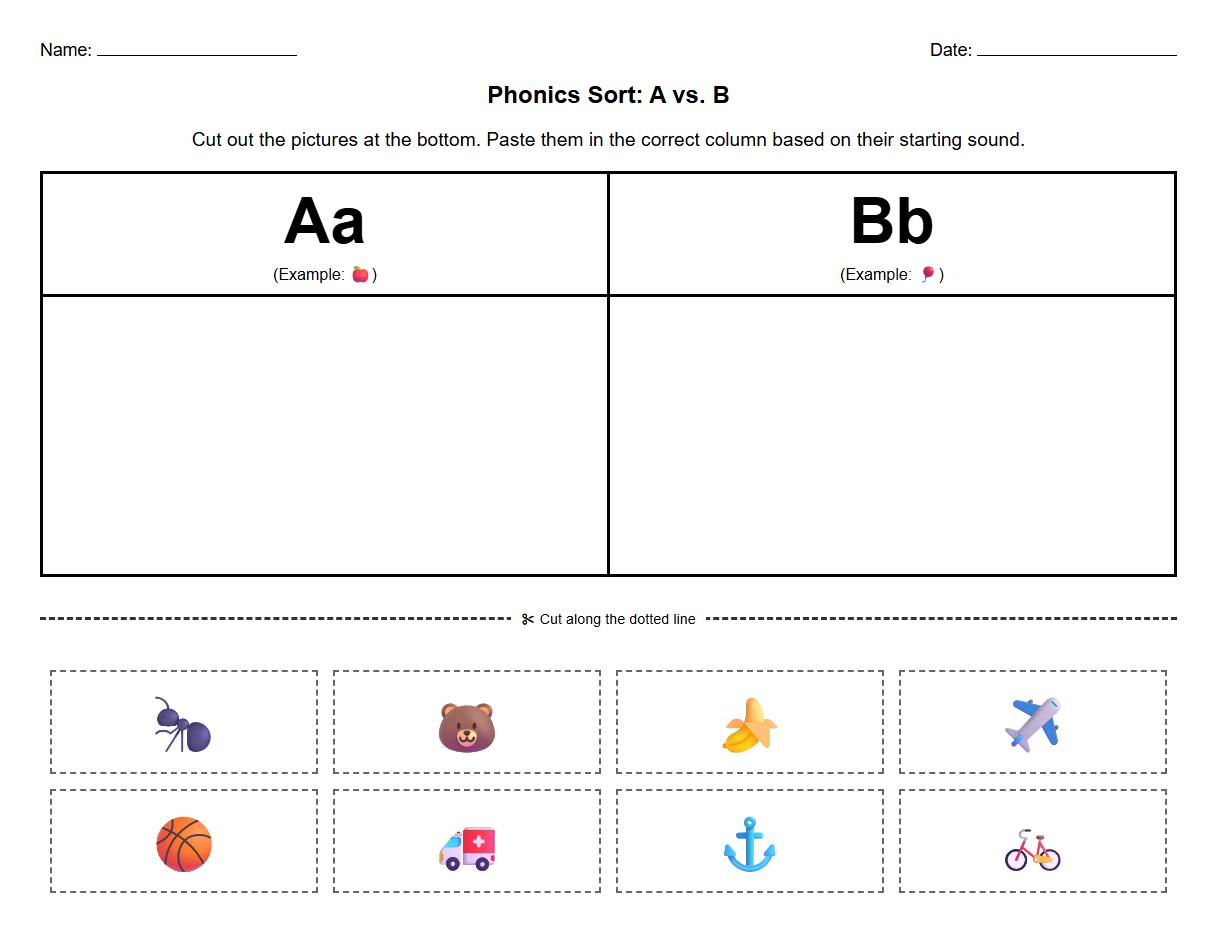Cut and Paste Phonics Sorting Activities