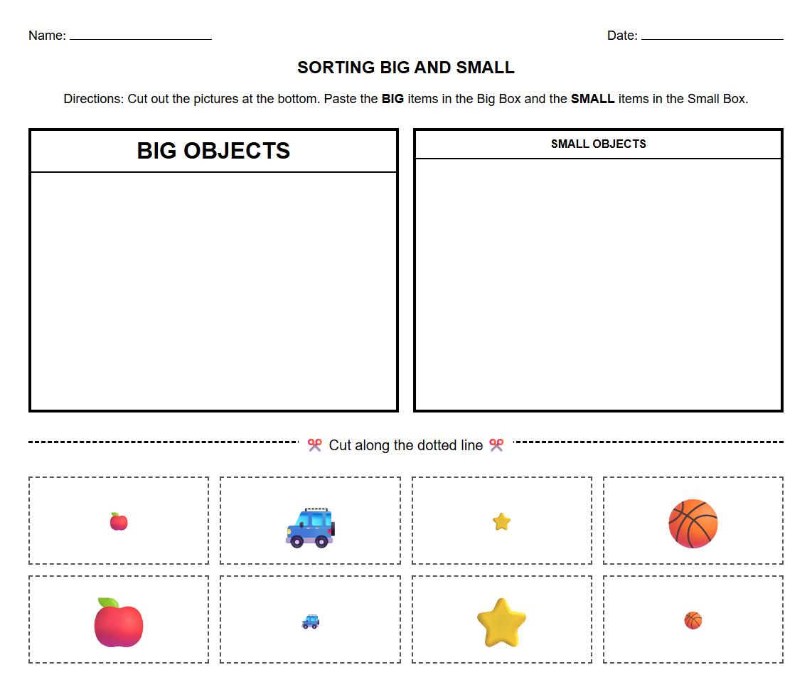 Cut and Paste Worksheet for Big and Small Object Grouping