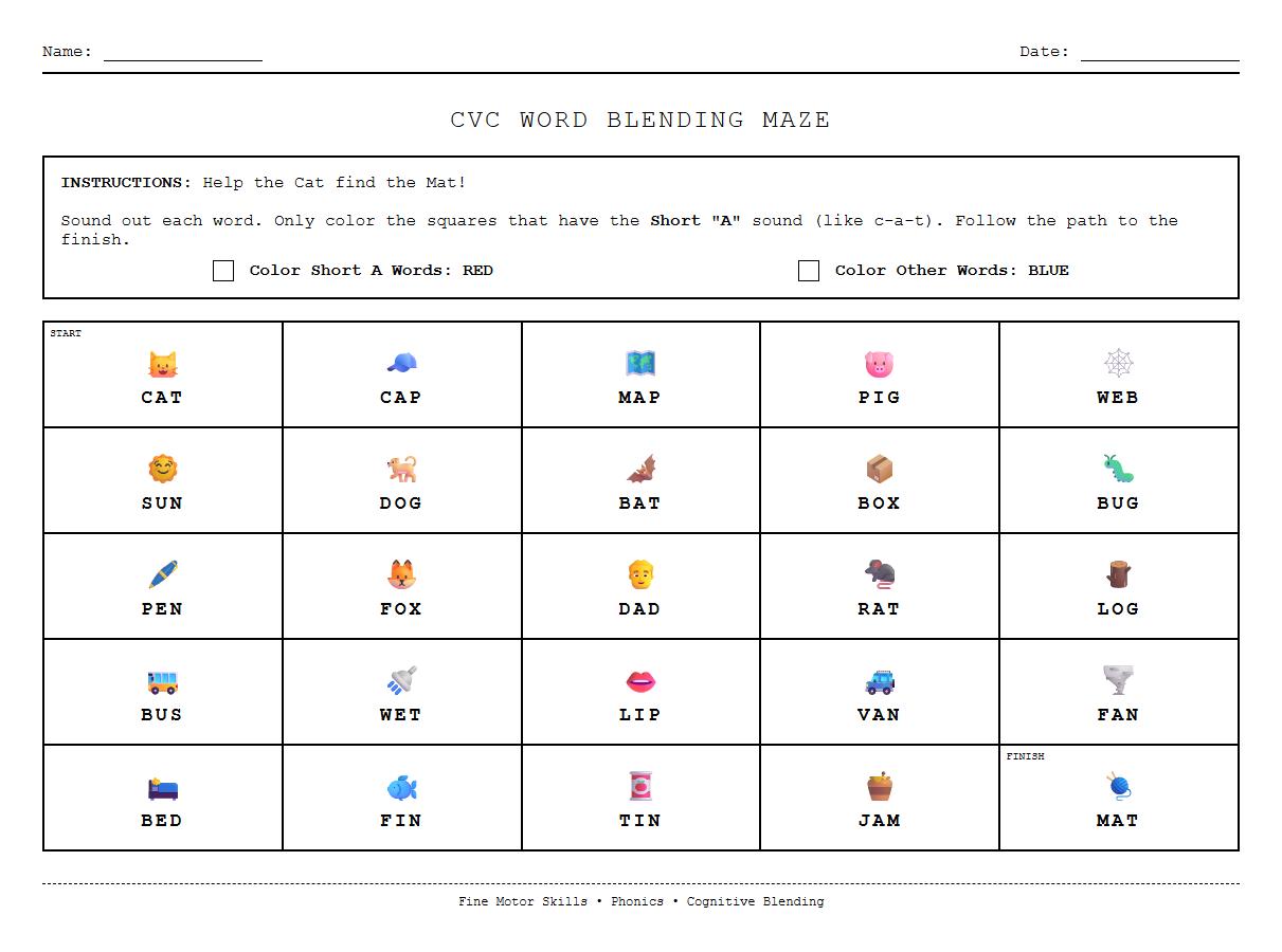 CVC Word Blending Maze with Phonics Color Codes