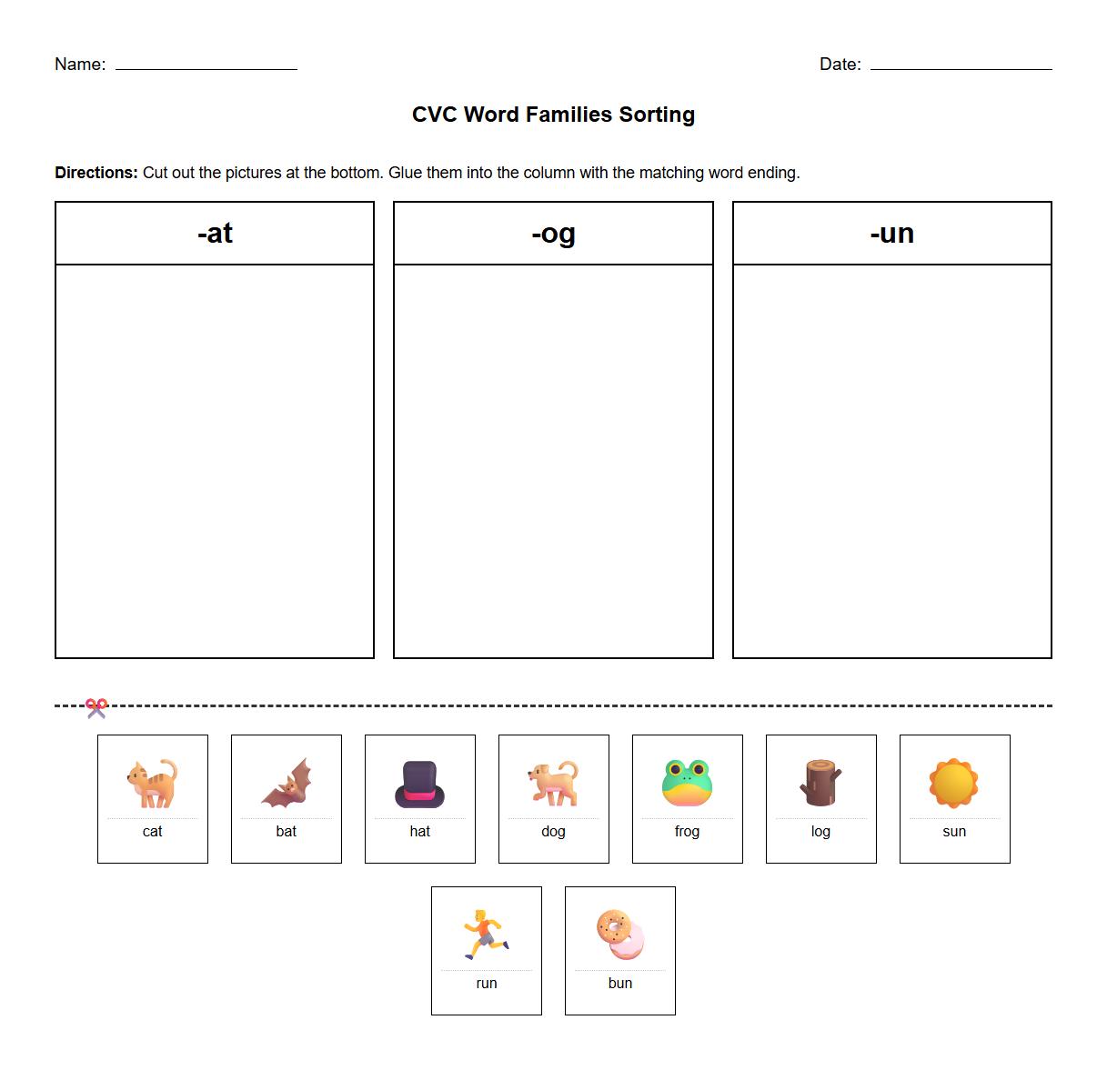 CVC Word Families Sorting Worksheet