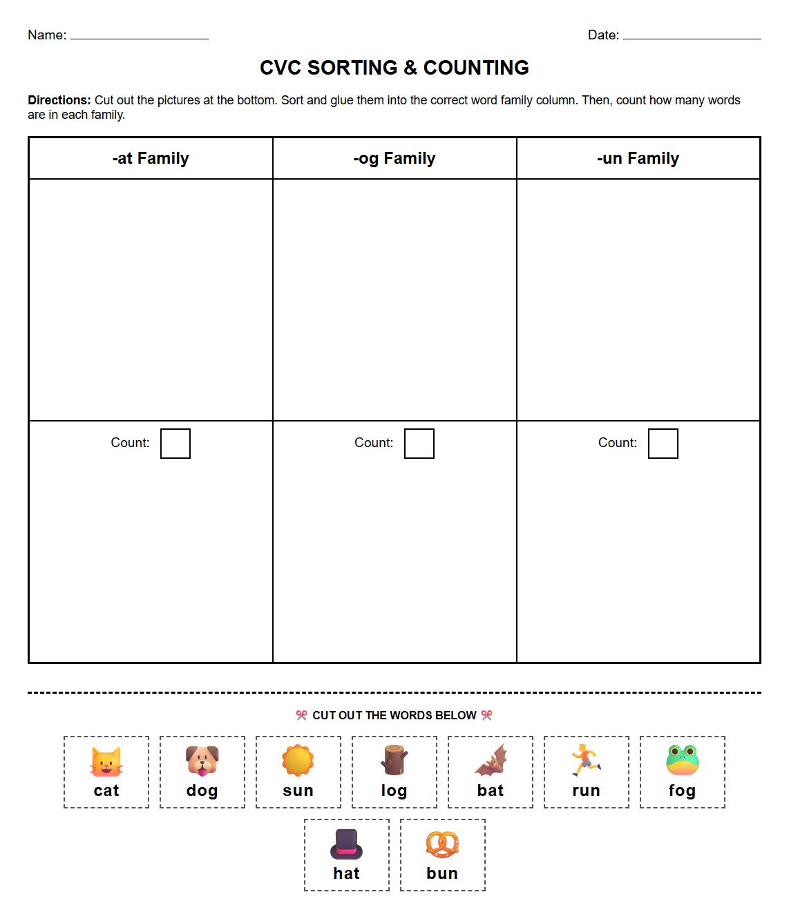 CVC Word Family Sorting Activity