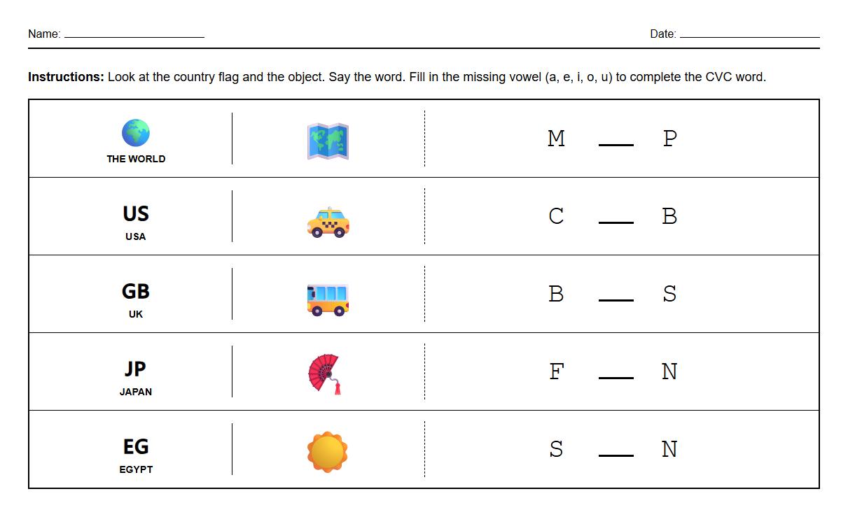 CVC Word Phonics and Famous Country Icons Association