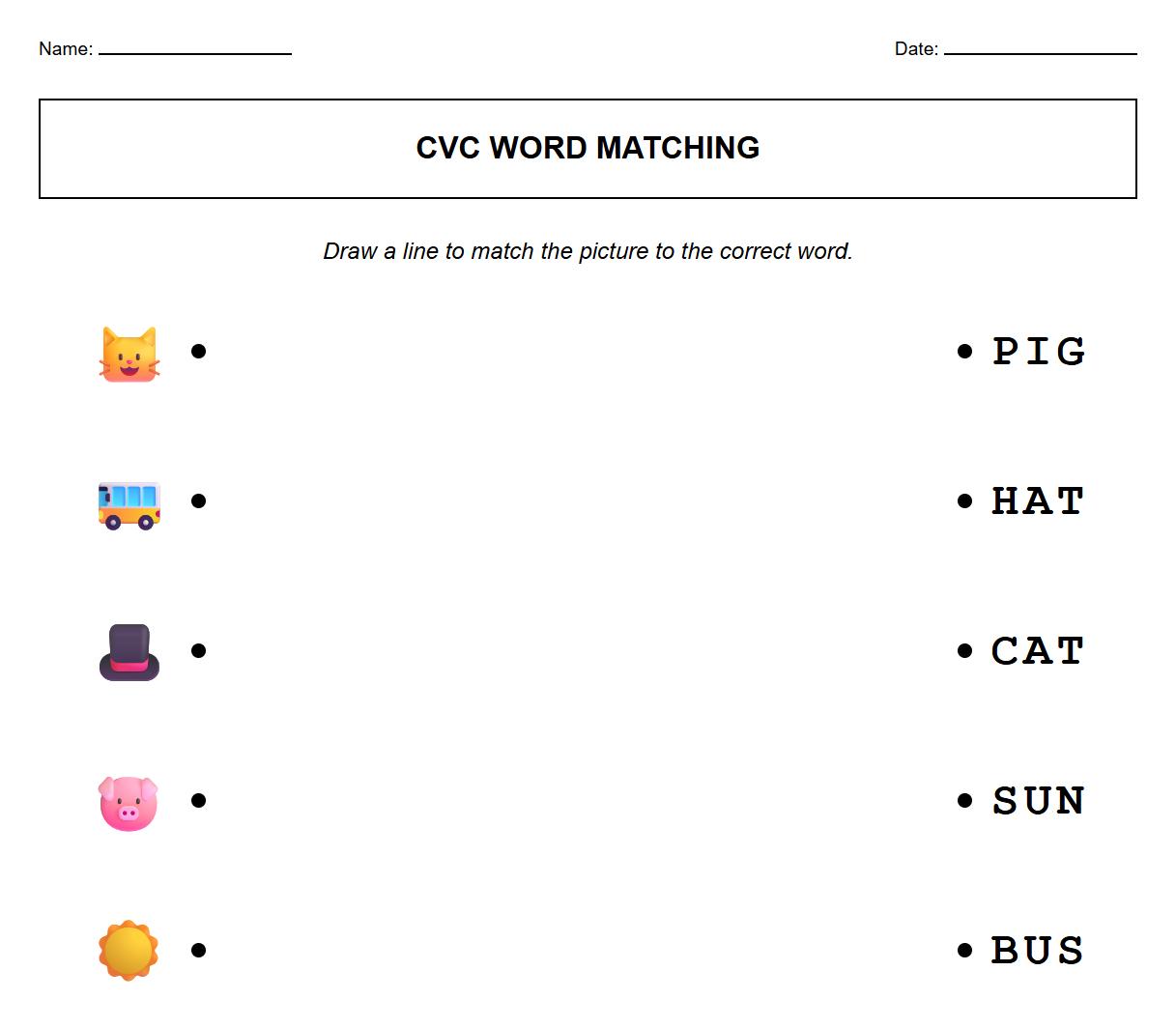 CVC Word and Picture Matching for Phonics Practice