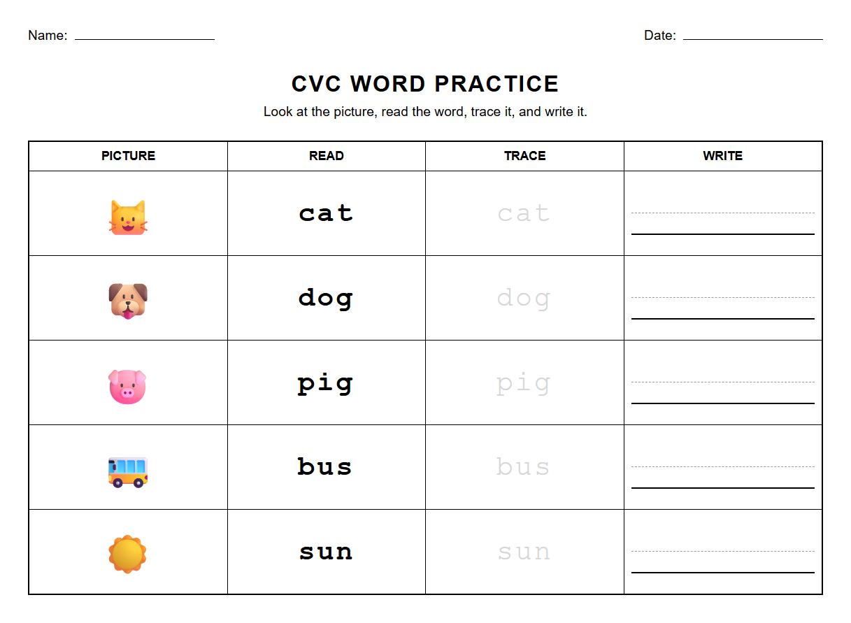 CVC Word Tracing and Writing Phonics Worksheet