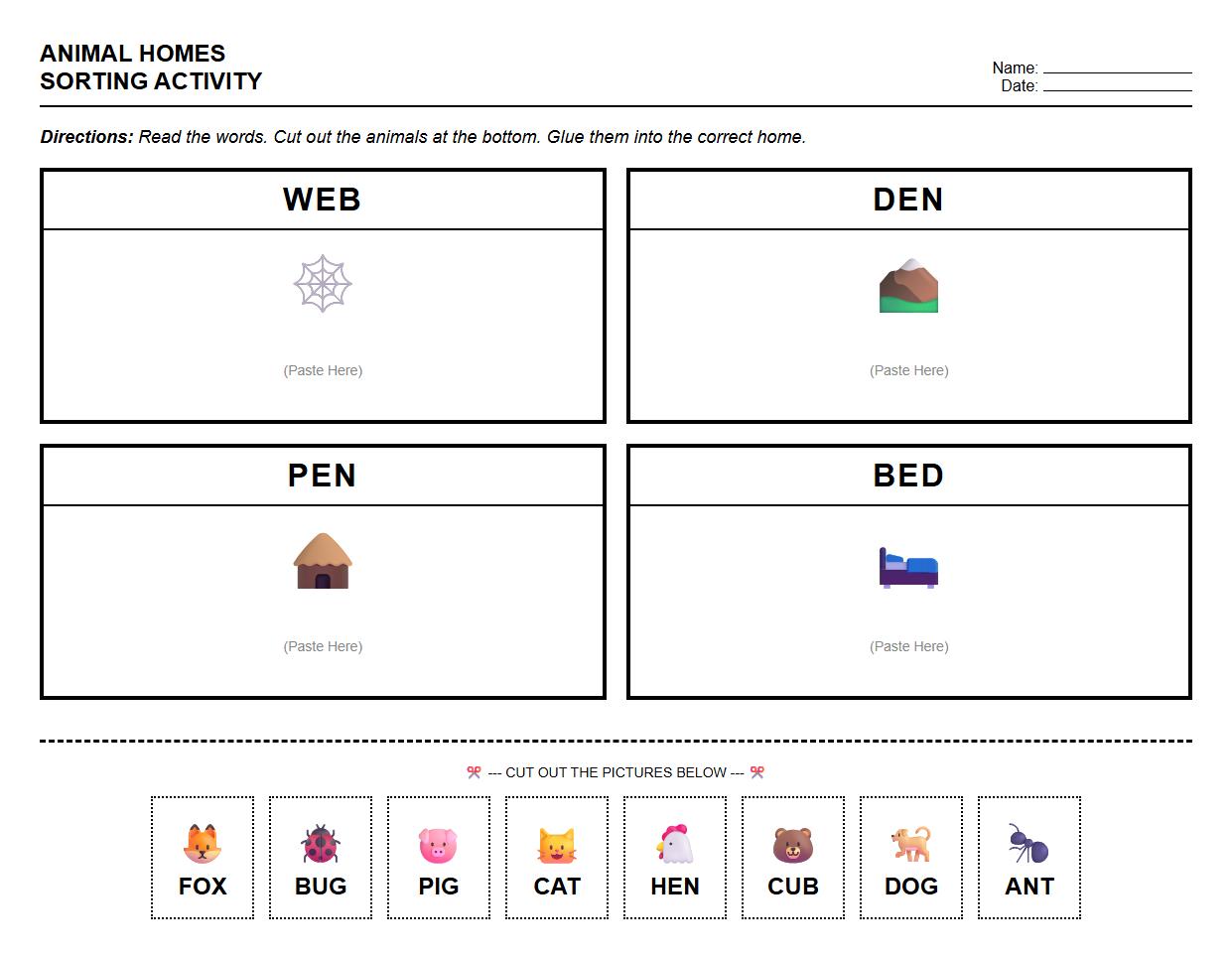 CVC Words Animal Homes Sorting Activity