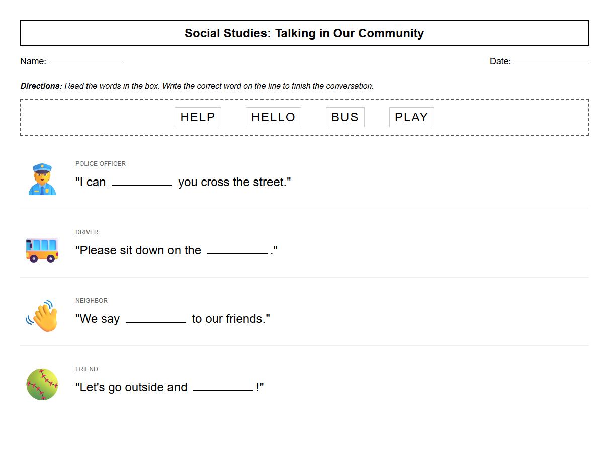 Dialogue Gap Fill Worksheet for Phonics and Vocabulary Building