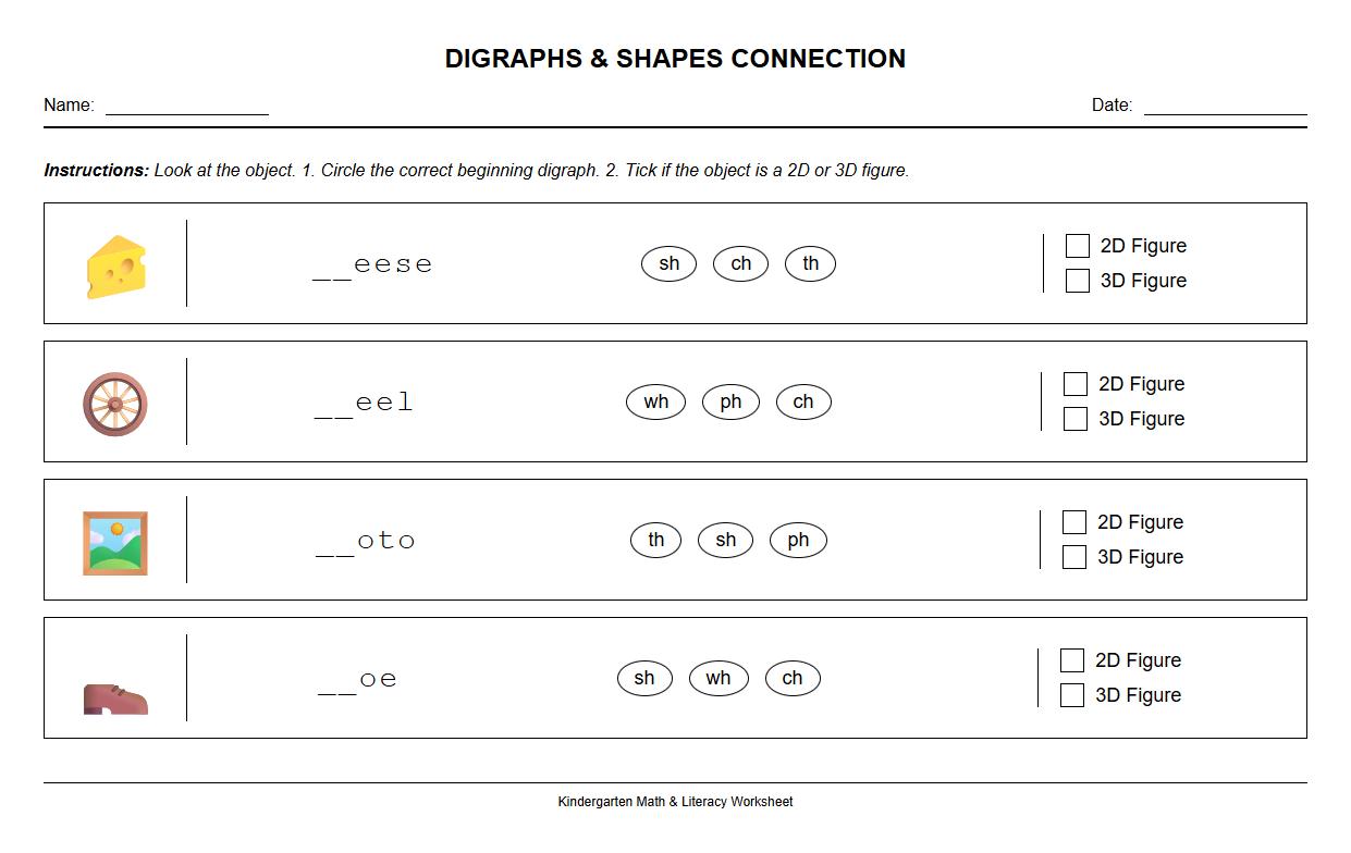 Digraph Connection with 2D and 3D Figures Sheet