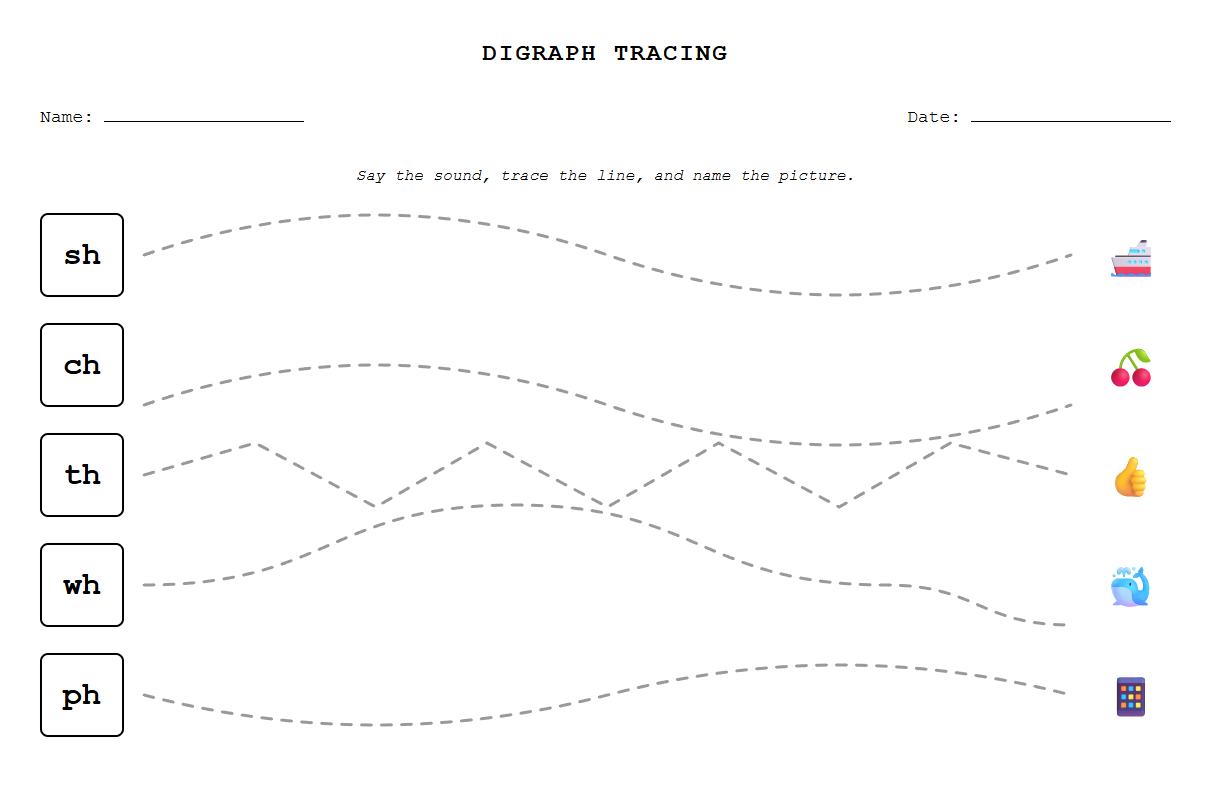 Digraph Phonics Curve Tracing Exercise